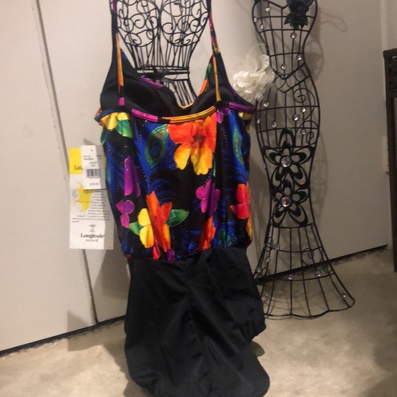 Longitude tank style one piece bathing suit w vibrant colors gold trim medium - Picture 4 of 6